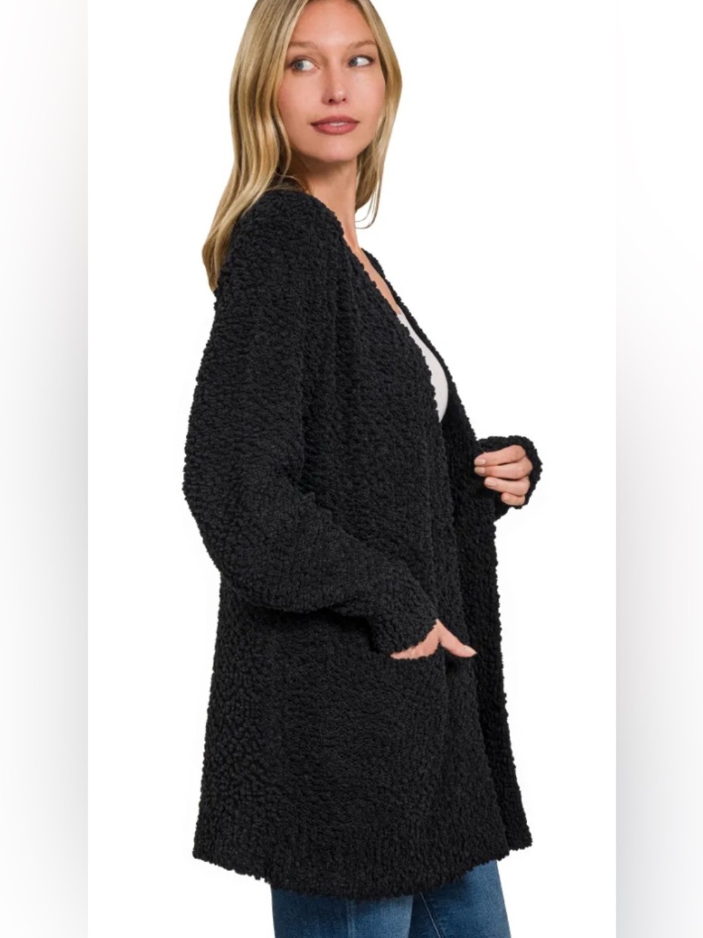 Zenana Outfitters Black Popcorn Textured Cardigan